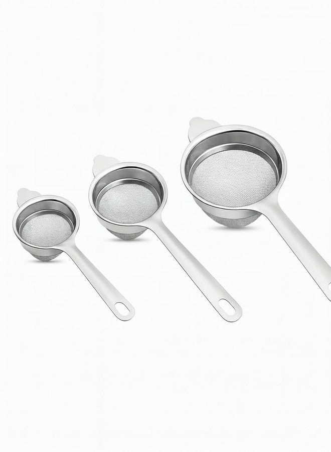 Amanda Nexa Stainless Steel Tea Strainer Set of 3 | 304 Mesh Filter for Chai/Coffee/Milk/Juice | Heavy-Duty | Long Handle Chhalni/Channi for Kitchen Use | Easy to Clean, Durable Mesh - Image 1